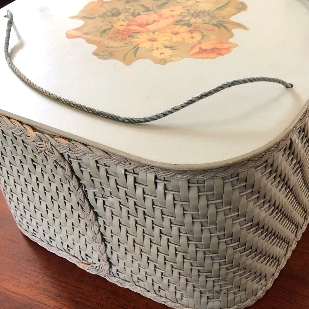 Vintage Wicker Sewing Basket with Wooden Lid